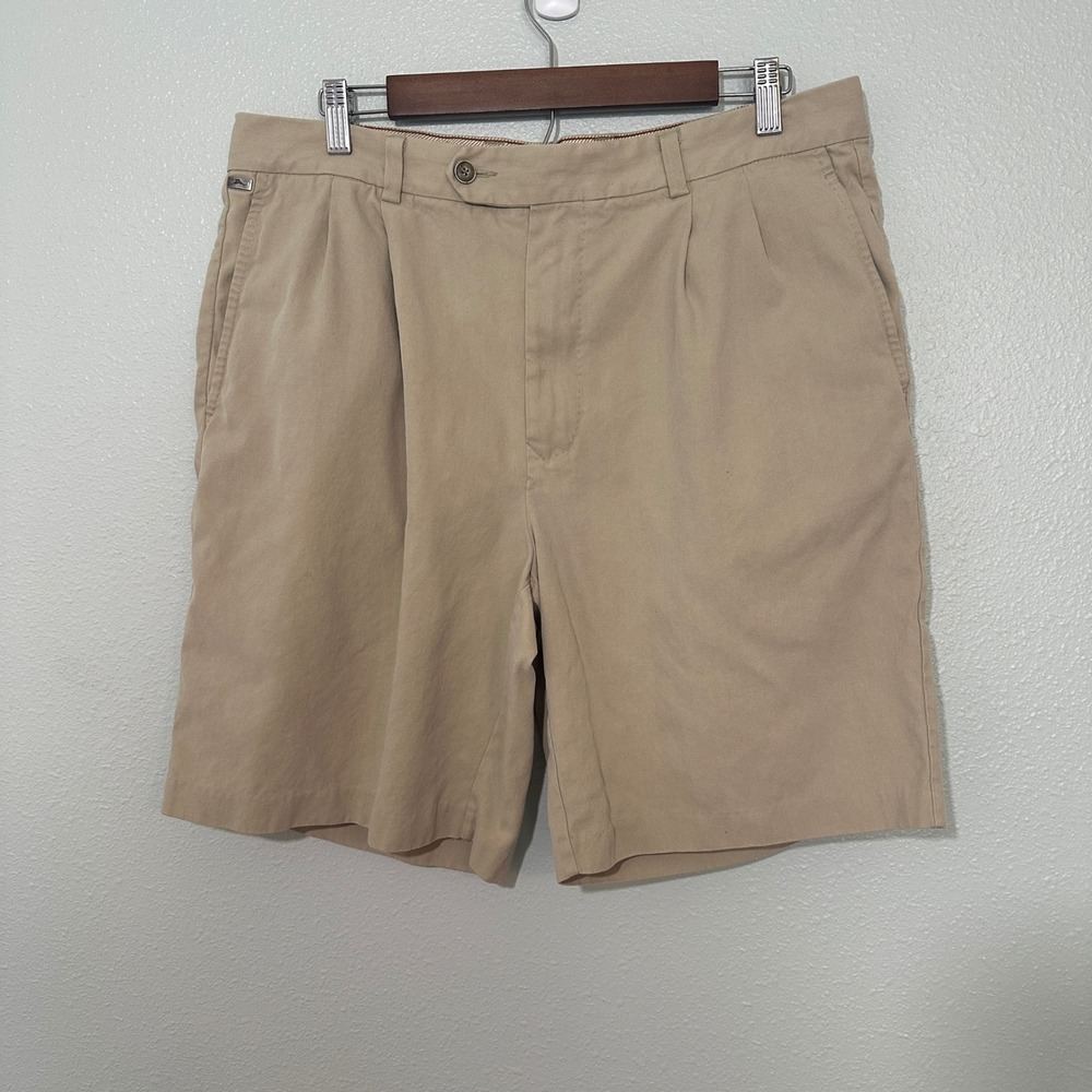 Tommy Bahama Mens 36 Khaki Silk Cotton Herringbone Pleated Shorts Tan